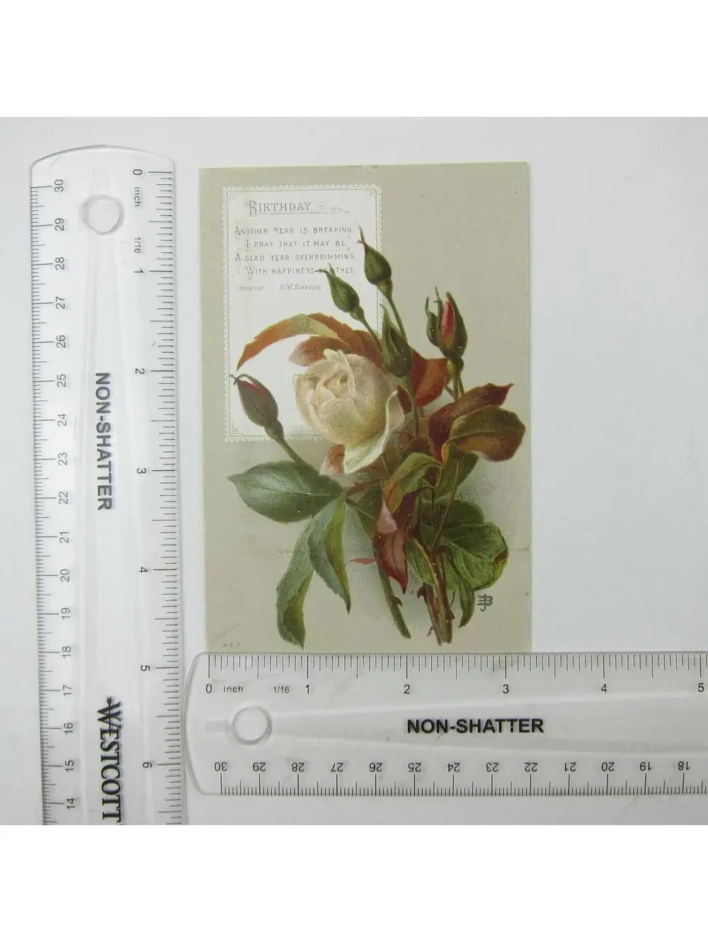 Victorian Greeting Card Birthday White & Pink Roses Flowers Antique